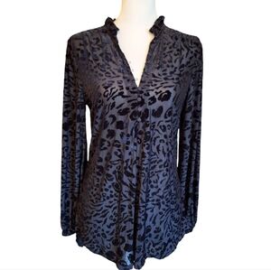 Black Burnout Velvet Animal Print Womens M Popover Blouse Ruffle Corpcore Office